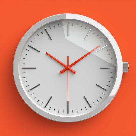 A minimalist clock with red hands stands out against a vibrant orange wall, marking time stylishly.の素材