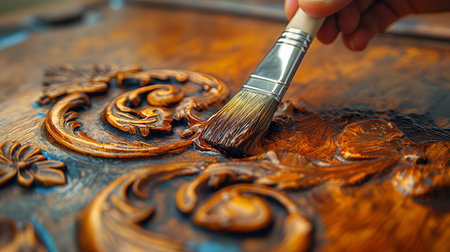 A meticulous hand paints delicate golden swirls on a richly textured wooden surface.の素材