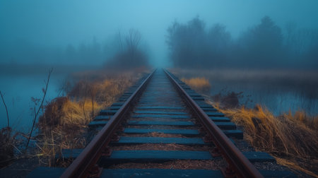 A misty, mysterious railway track stretches into the fog, evoking a sense of intrigue and unknown destinations.の素材