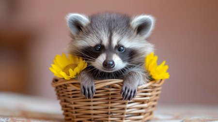 A mischievous raccoon peeks out of a wicker basket, surrounded by yellow flowers, capturing a playful moment in vivid detail.の素材