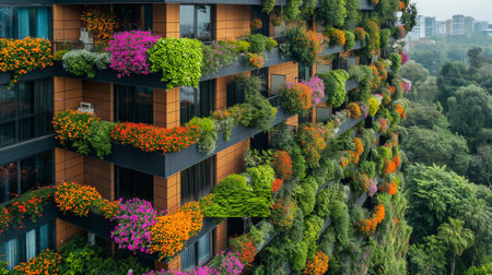 A modern building facade adorned with vibrant, multi-colored plant life, blending urban architecture with nature.の素材