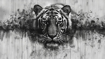 A monochromatic portrait of a tiger, its intense gaze and striking features etched against a textured backdrop.の素材
