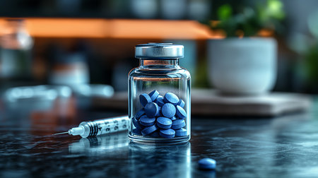 A modern tableau featuring a bottle of blue pills, a syringe, and reflections on a sleek surface.の素材