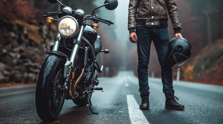 A moment of pause, as a man stands by his motorcycle on a foggy forest road, helmet in hand, ready to journey into the mist.の素材