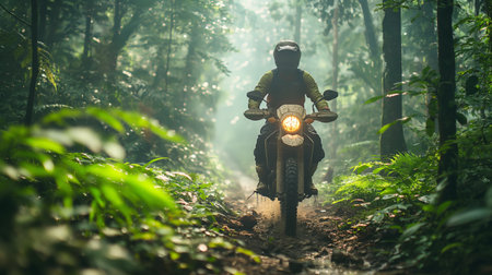 A motorcyclist ventures through a misty, sunlit jungle, the path muddy and dense with vibrant green foliageの素材