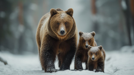 A mother bear and her cubs tread through a snowy landscape, embodying the resilience and beauty of nature.の素材