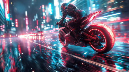 A motorcyclist in full gear leans into a sharp turn on a glowing red bike, perfectly synchronized with the pulsating lights of the high-tech urban environmentの素材