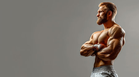 A muscular boxer with gloves stands confidently, arms crossed, exuding strength and focus.の素材