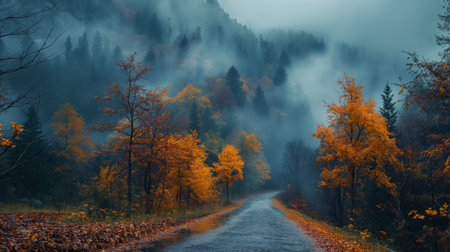 A mysterious foggy road meanders through a vibrant autumn forest, inviting a journey into the unknown.の素材