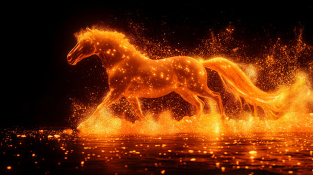 A mystical horse made of fire gallops fiercely across a dark, spark-filled landscape.の素材