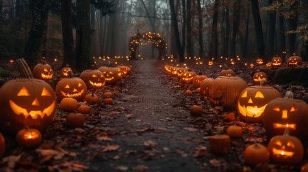 A mystical Halloween scene with carved pumpkins lighting a foggy forest path leading to a glowing archway.の素材