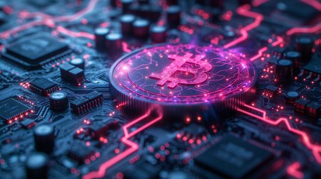 A neon-lit Bitcoin symbol dominates a high-tech motherboard landscape, glowing amidst an intricate network of electronic components.の素材