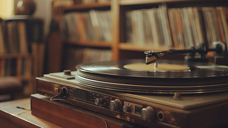 A nostalgic vinyl record player set in a cozy room filled with books, exuding a warm, retro vibe.の素材