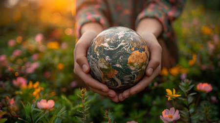 A pair of hands cradle a detailed miniature globe against a lush, floral backdrop.の素材
