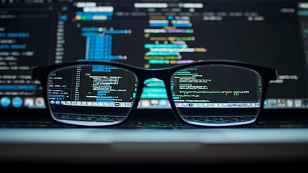 A pair of black glasses in focus reveals a screen filled with colorful lines of code, highlighting the world of programming.の素材