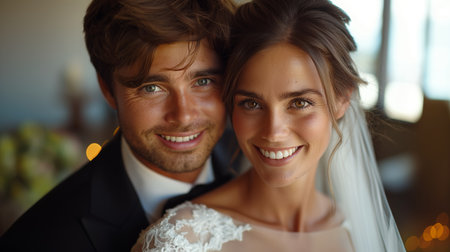 A newlywed couple beams with joy, radiating love and happiness on their special day.の素材