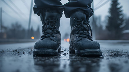 A pair of rugged black boots stands on a wet road, with blurred lights in a cold, misty backdrop.の素材