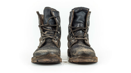 A pair of rugged, well-worn boots stands testament to countless stories trodden into their scuffed and muddy leather.の素材