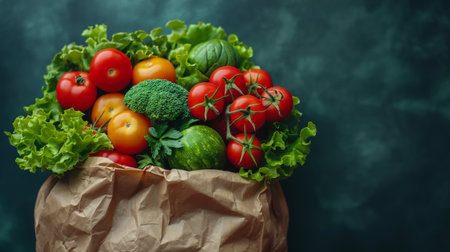 A paper bag bursts with an abundance of fresh, colorful vegetables, symbolizing a healthy lifestyle and nutritious choices.の素材