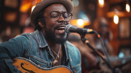 A passionate musician with a hat plays the mandolin and sings soulfully in a warmly lit bar setting.の素材
