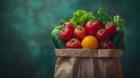 A paper bag overflows with vibrant, fresh produce, symbolizing a bounty of health and natural goodness.の素材