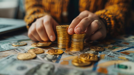 A person meticulously counts coins over a spread of various currencies, planning their finances.の素材