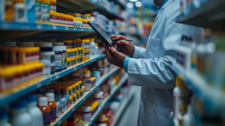A pharmacist in a white coat uses a digital tablet to check inventory, surrounded by colorful shelves of medication, ensuring accuracy and efficiency.の素材