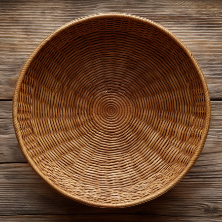 A perfectly woven wicker basket with a circular design, highlighting the intricate craftsmanship and natural materials used in its creation.の素材