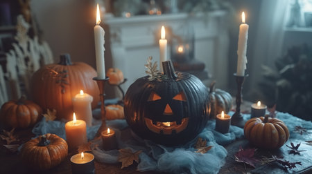 A mystical Halloween scene with pumpkins and candles casting an eerie glow, evoking an atmosphere of spooky enchantment.の素材