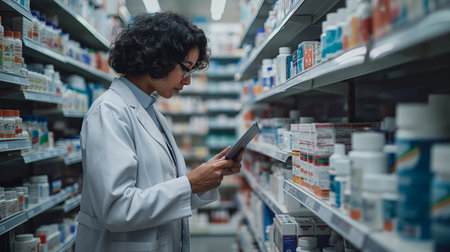 A pharmacist in a white coat examines a medication bottle carefully, surrounded by shelves of various pharmaceutical products.の素材