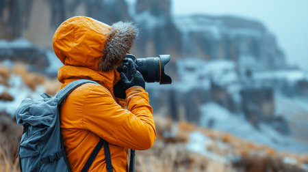 A photographer clad in vibrant yellow captures the stark beauty of a snowy landscape.の素材