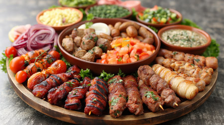 A platter filled with a variety of grilled meats, vegetables, and vibrant side dishes.の素材
