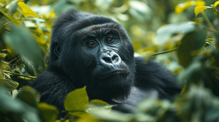 A poignant portrait of a silverback gorilla amidst lush foliage, capturing the serene and thoughtful nature of this majestic creature.の素材