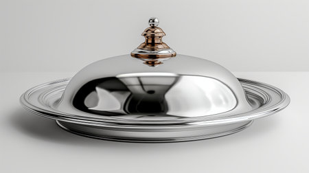 A polished silver cloche, reflecting its surroundings, stands ready to unveil a culinary secret beneath its dome.の素材