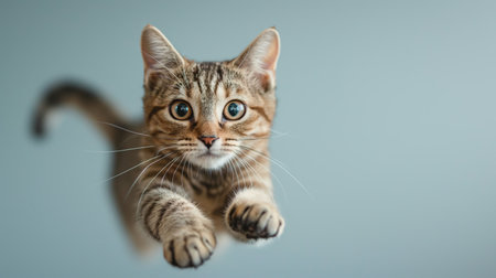A playful tabby cat seems to fly against a muted backdrop, its paws outstretched and eyes wide with excitement.の素材