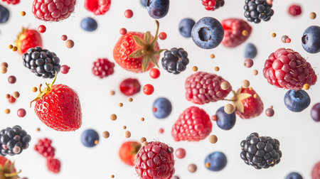 A playful display of various berries suspended in mid-air, creating a visually dynamic feast of color and freshness.の素材