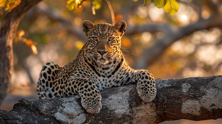 A powerful leopard lounges on a tree branch, its intense gaze surveying the savannah below.の素材