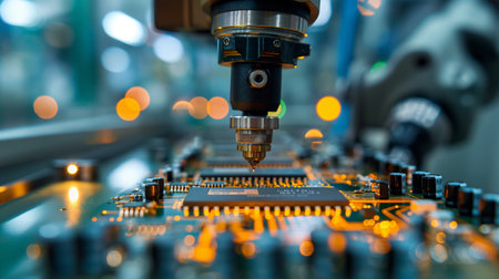 A precision robotic arm meticulously assembles a circuit board, glowing with intricate pathways and components under soft, industrial light.の素材