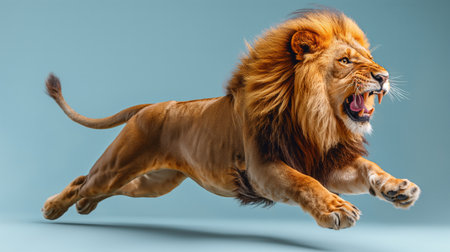A powerful adult lion charges forward with fierce determination.の素材