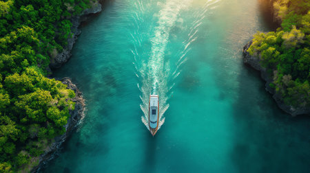 A pristine white boat carves through turquoise waters, surrounded by lush green cliffs.の素材