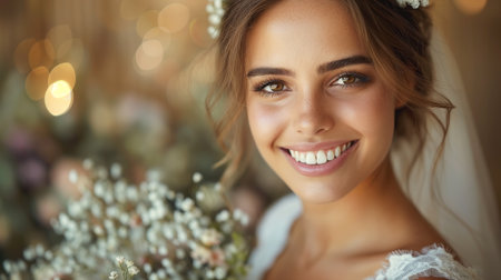 A radiant bride beams with joy, surrounded by soft flowers and delicate light on her wedding day.の素材