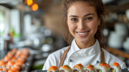 A radiant sushi chef presents a tray of meticulously crafted sushi rolls, her smile as delightful as her culinary creations.の素材