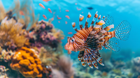 A red lionfish, its vibrant stripes and elongated fins captivating, navigates the colorful coral depths.の素材