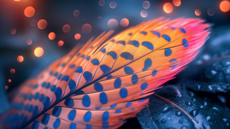 A radiant feather under neon light, displaying a mesmerizing pattern of blue and orange spots.の素材