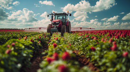 A red tractor sprays rows of vibrant pink flowers under a vast, cloud-dappled sky.の素材