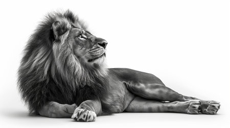 A regal lion lounges, its mane flowing elegantly in a striking monochrome palette.の素材