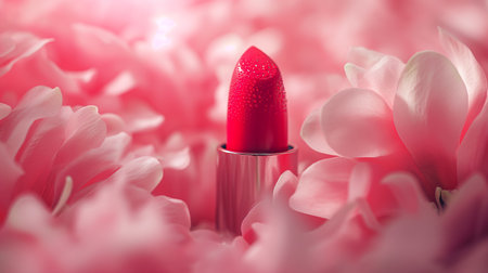 A red lipstick nestled among soft pink petals, symbolizing beauty and tenderness in a romantic setting.の素材
