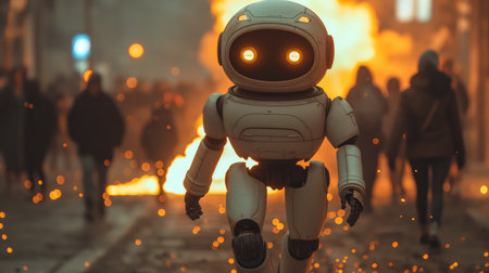 A robot navigates a chaotic urban environment, depicting a futuristic scene where technology intersects with daily human life.の素材