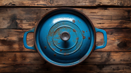A rustic blue Dutch oven sits on a wooden surface, showing its robust and worn charm.の素材