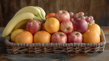 A rustic basket overflows with fresh bananas, oranges, and variegated apples, hinting at a healthy feast.の素材